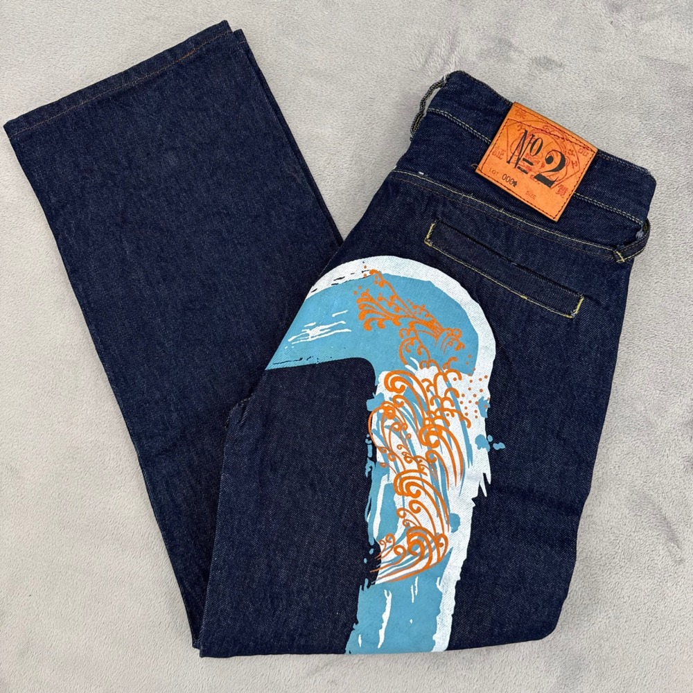 Evisu No 2 Lot 2000 Selvedge Jeans Mens 32 Dark Indigo Blue Daicock Wave Print